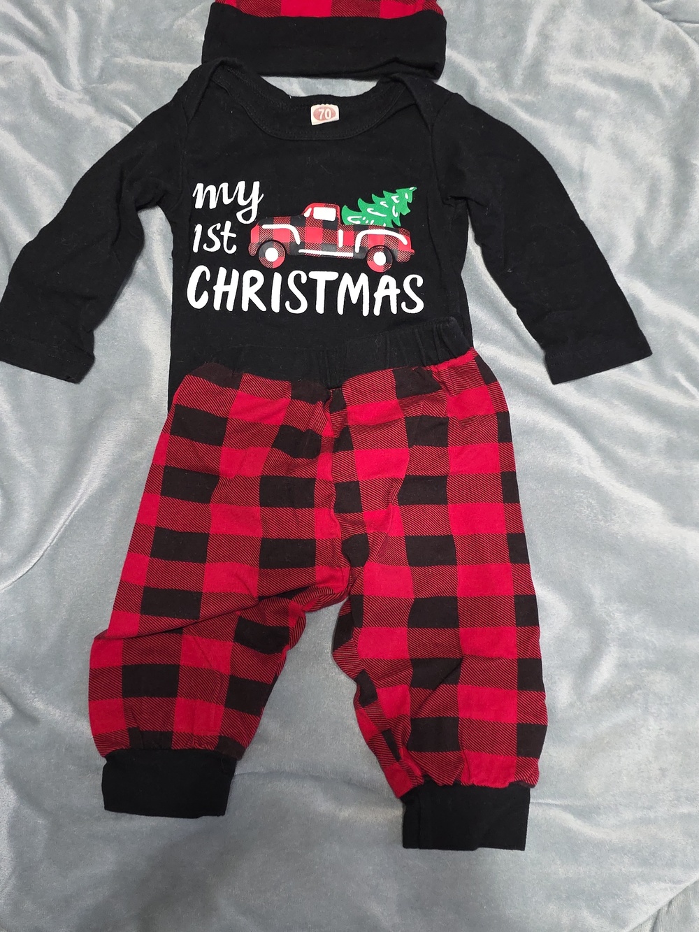 Baby 'My 1st Christmas' Black Bodysuit with Red Buffalo Plaid Hat